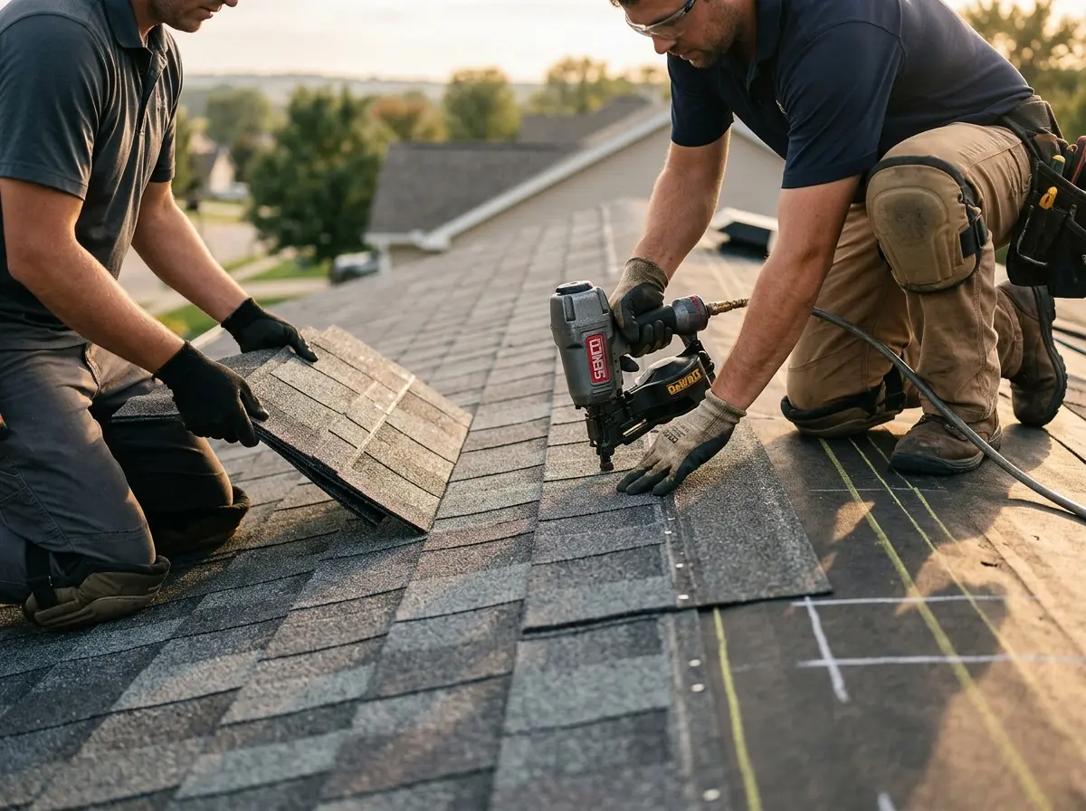 Professional roofer working on a residential roof in Tarrytown